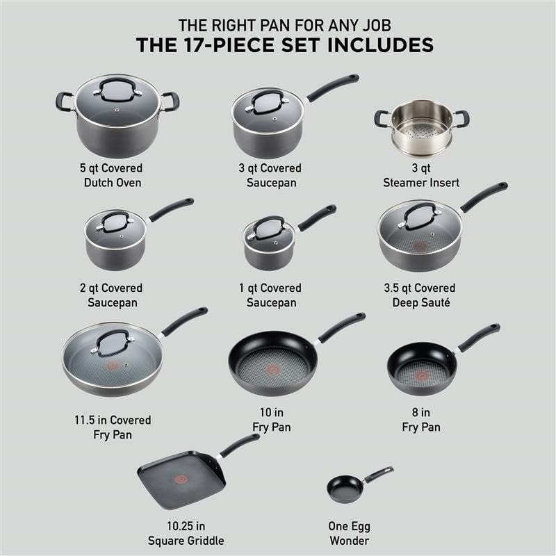 T-fal Ultimate Hard Anodized Nonstick Cookware Set 17 Piece – Onyx – Cookware Sets