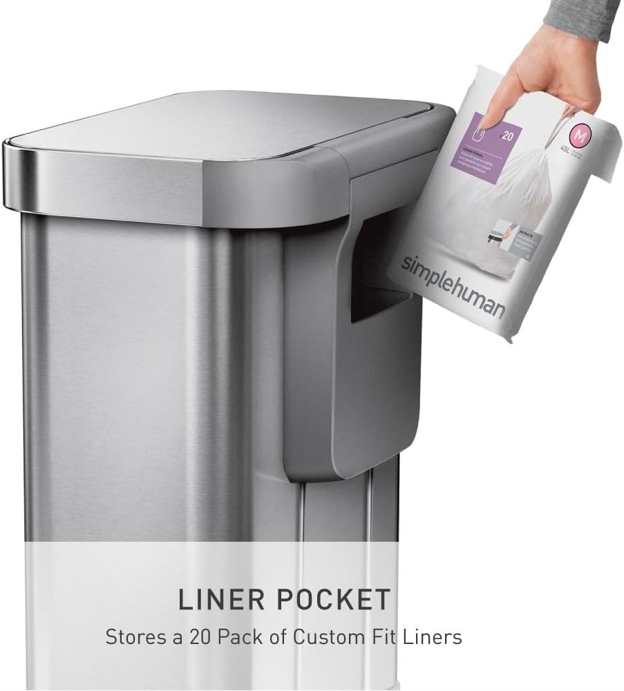 simplehuman 55L Rectangular Step Kitchen Trash Can – 14.5 gallons – Brushed Stainless Steel (with Steel Lid) – Kitchen Trash Cans
