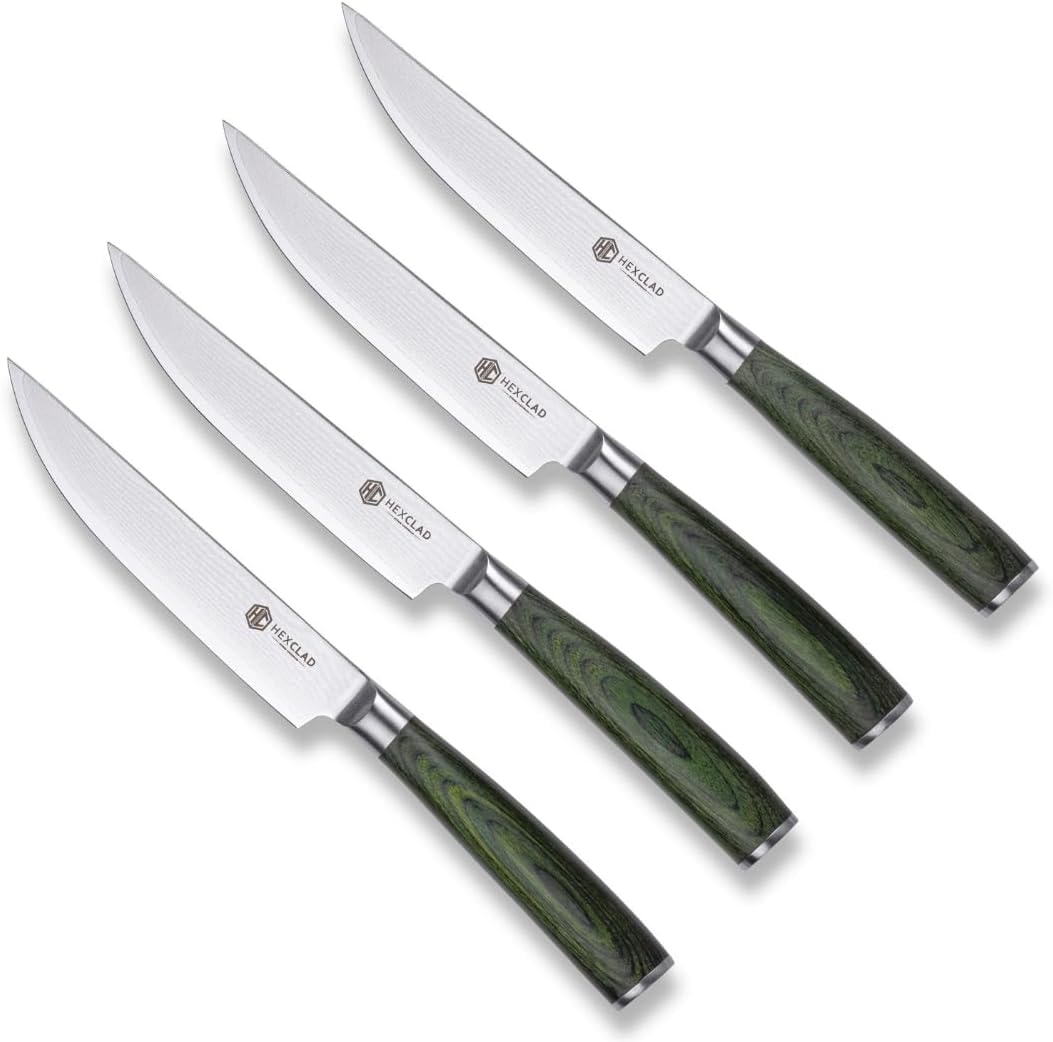 Handmade Damascus Steak Knife Set – Green Pakkawood Handles, Steel Bol – Steak Sets