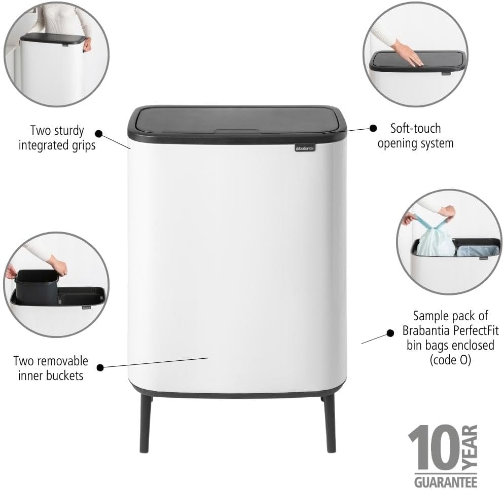 Brabantia Bo Touch Top Hi Dual Compartment Recycling Trash Can – 16 gallons – White – Kitchen Trash Cans