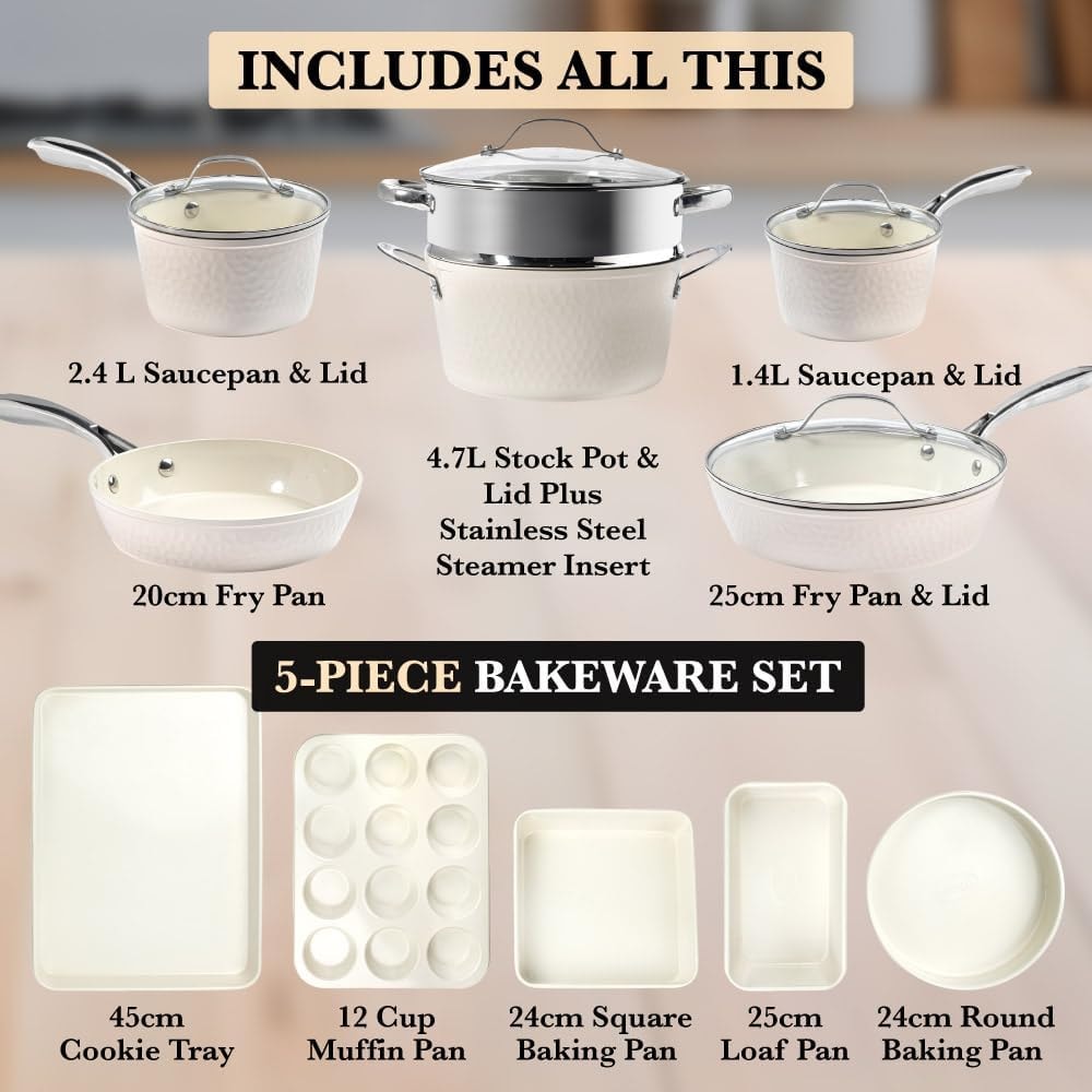 Hammered Copper Non Toxic Nonstick Bakeware Cookware 15 Piece Pots and – Hammered Cream – Cookware Sets