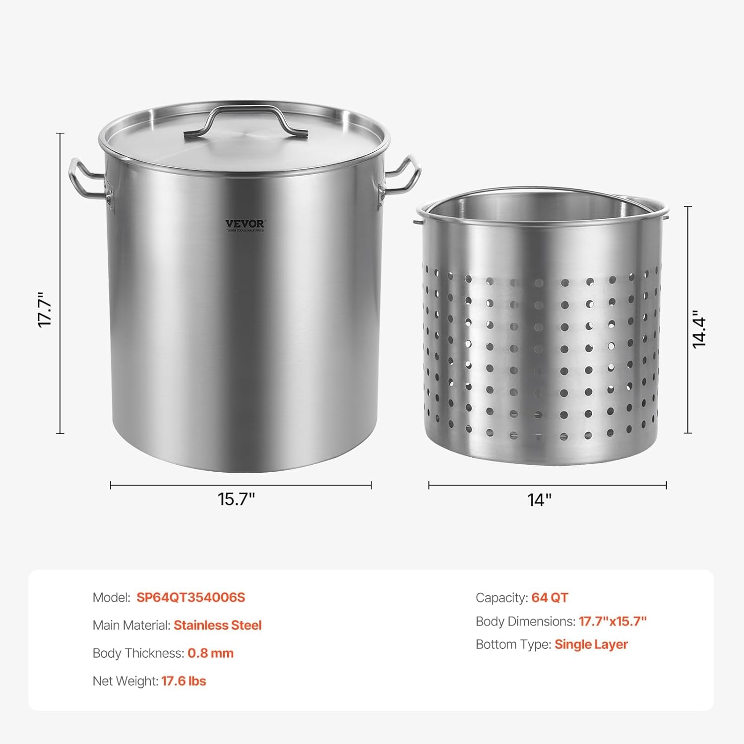 Vevor 64 Qt Stainless Steel Stockpot in Silver – Large Capacity Commer – 60.5 liters – Stockpots