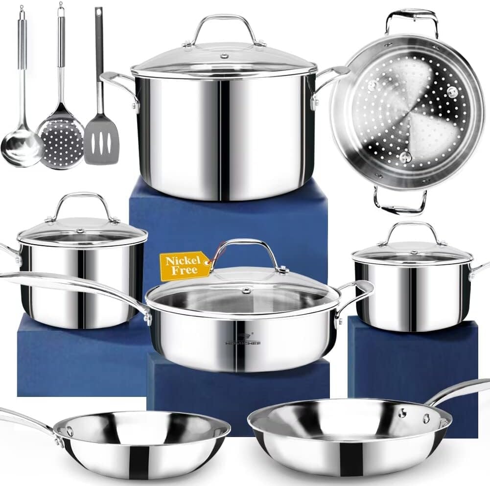 UUDULY 14-Piece Mirror Polished Stainless Steel Cookware Set – Mirror Polished Stainless Steel - 6 Years Warrantv – Cookware Sets