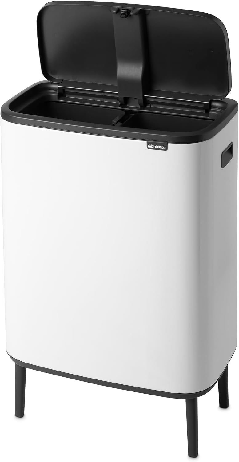 Brabantia Bo Touch Top Hi Dual Compartment Recycling Trash Can – 16 gallons – White – Kitchen Trash Cans