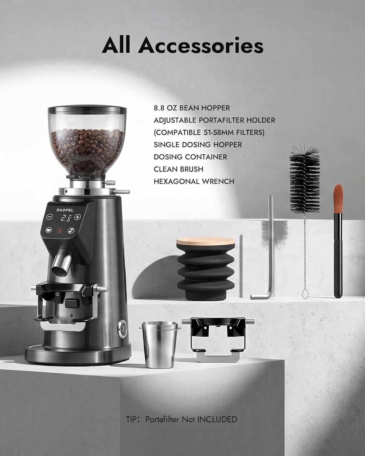 JFVKAF 64mm Flat Burr Coffee Grinder with 100 Adjustable Settings – Gunmetal Gray – Electric Burr Grinders