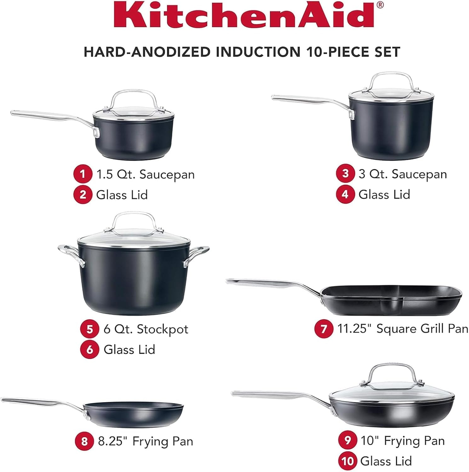 KitchenAid 10-Piece Induction Cookware Set – 6 liters – Matte Black – Cookware Sets