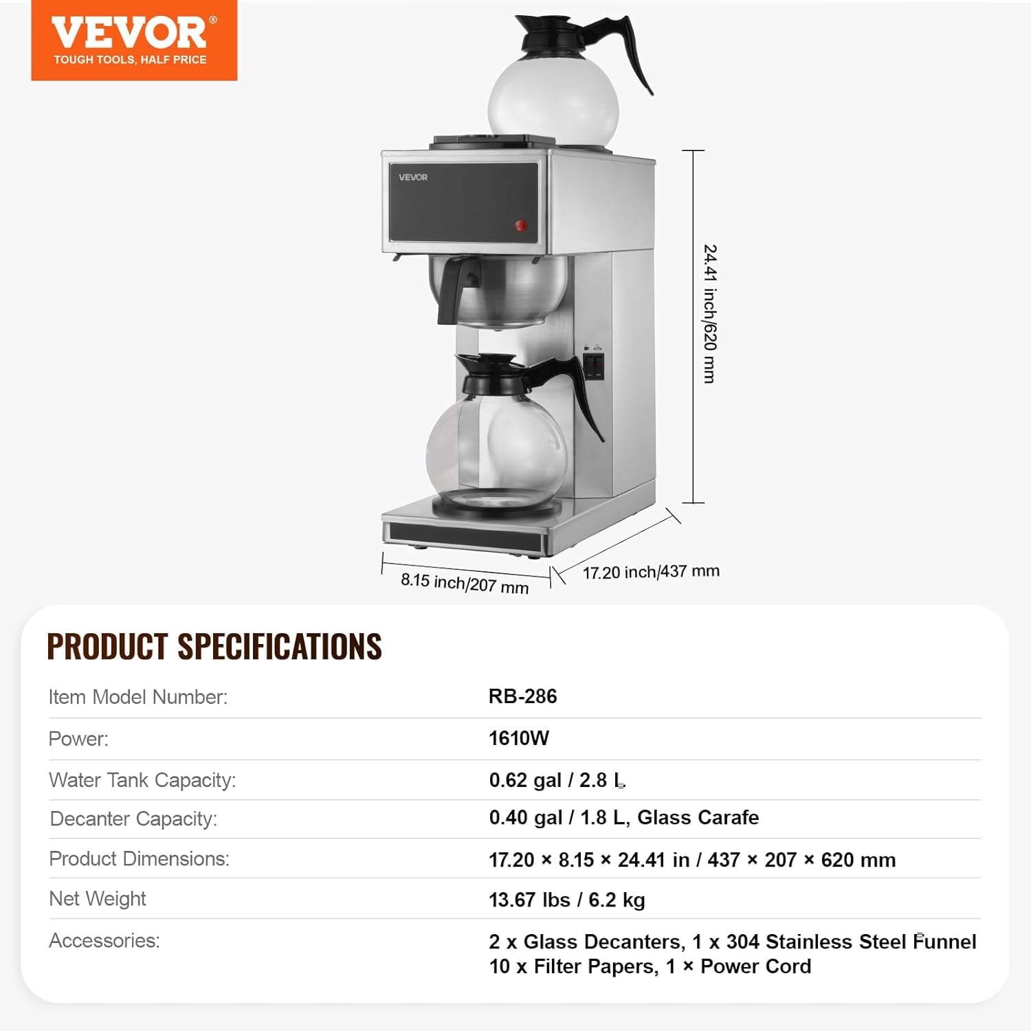 Vevor Commercial Drip Coffee Maker – 12 cups – Silver+Black – Commercial Espresso Machines & Coffee Makers