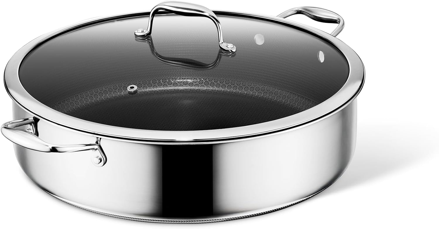 HexClad Hybrid Nonstick Deep Sauté Pan and Lid, Dishwasher and Oven-Sa – 10 quarts – Sauté Pans