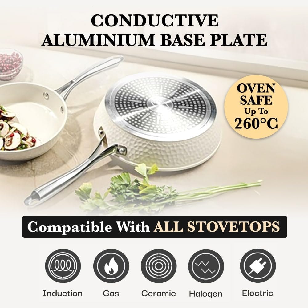 Hammered Copper Non Toxic Nonstick Bakeware Cookware 15 Piece Pots and – Hammered Cream – Cookware Sets