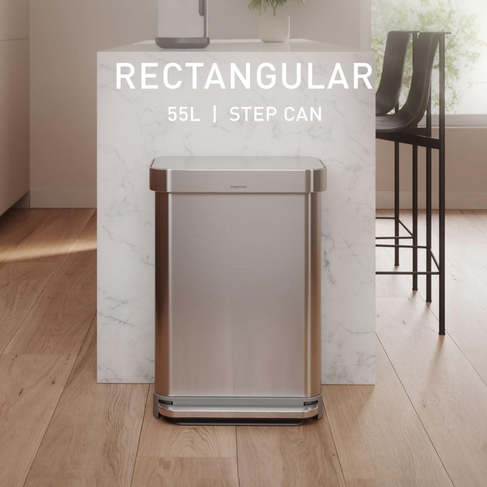simplehuman 55L Rectangular Step Kitchen Trash Can – 14.5 gallons – Brushed Stainless Steel (with Steel Lid) – Kitchen Trash Cans