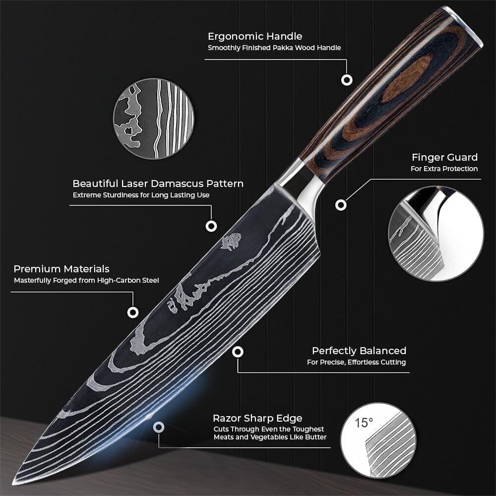 8-Piece Japanese Damascus Knife Set | Complete Chef Knife Collection – 14x2x1 – Natural Wood Handles – Chef's Knives