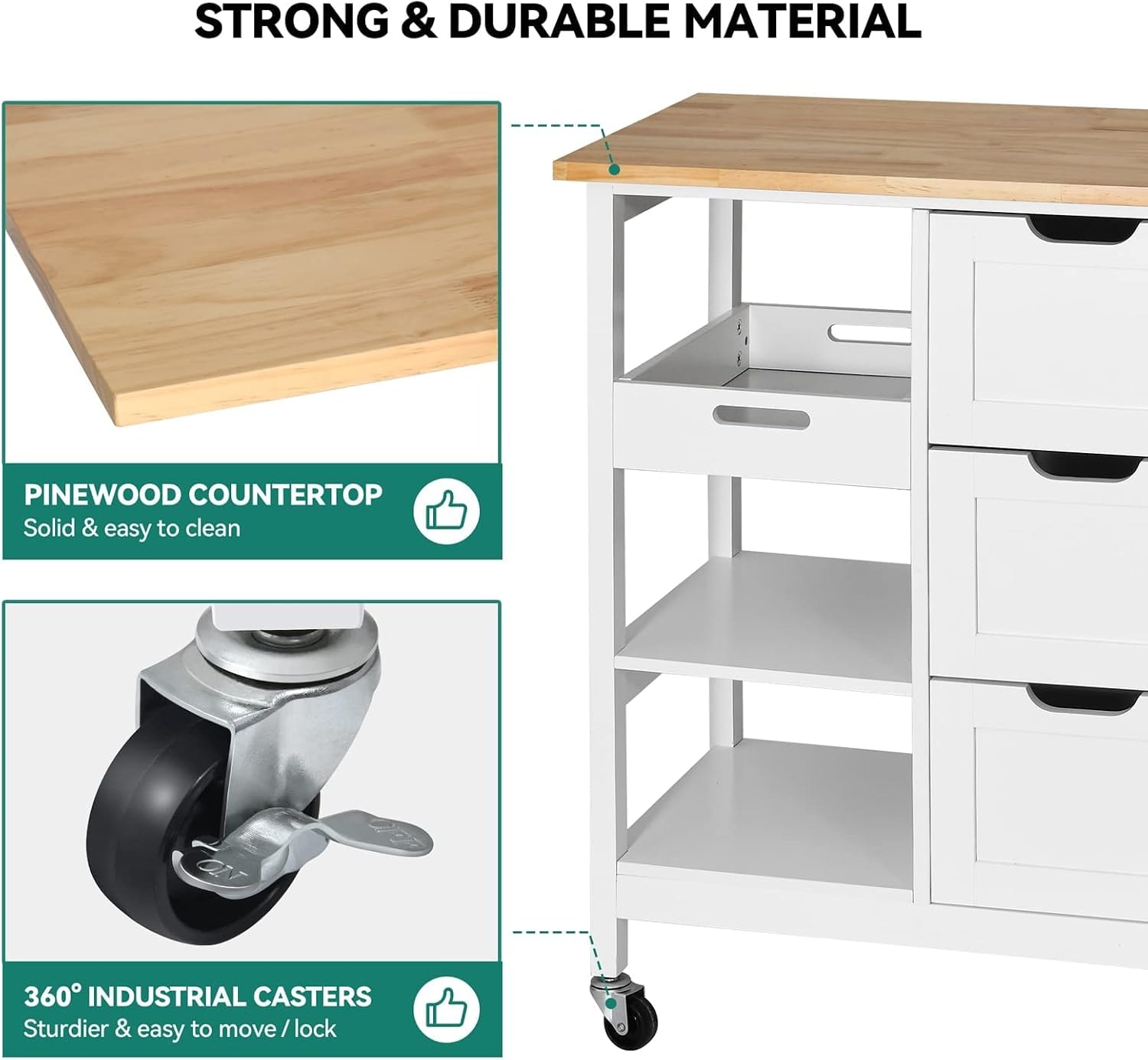 Latitude Run Kitchen Island Cart Rolling Kitchen Island with Storage S – 14.96"D x 26.69"W x 33.07"H – White – Mobile Storage Islands