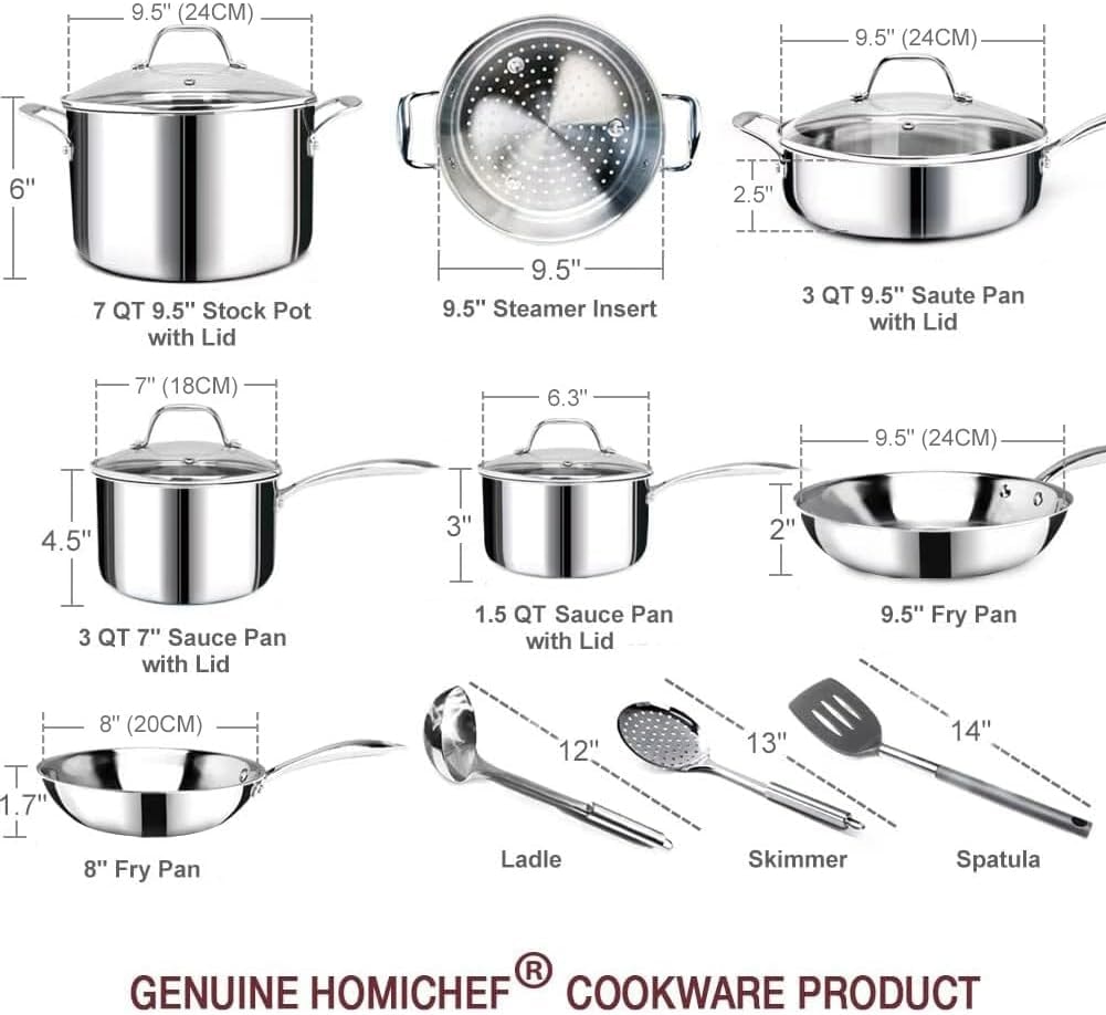 UUDULY 14-Piece Mirror Polished Stainless Steel Cookware Set – Mirror Polished Stainless Steel - 6 Years Warrantv – Cookware Sets