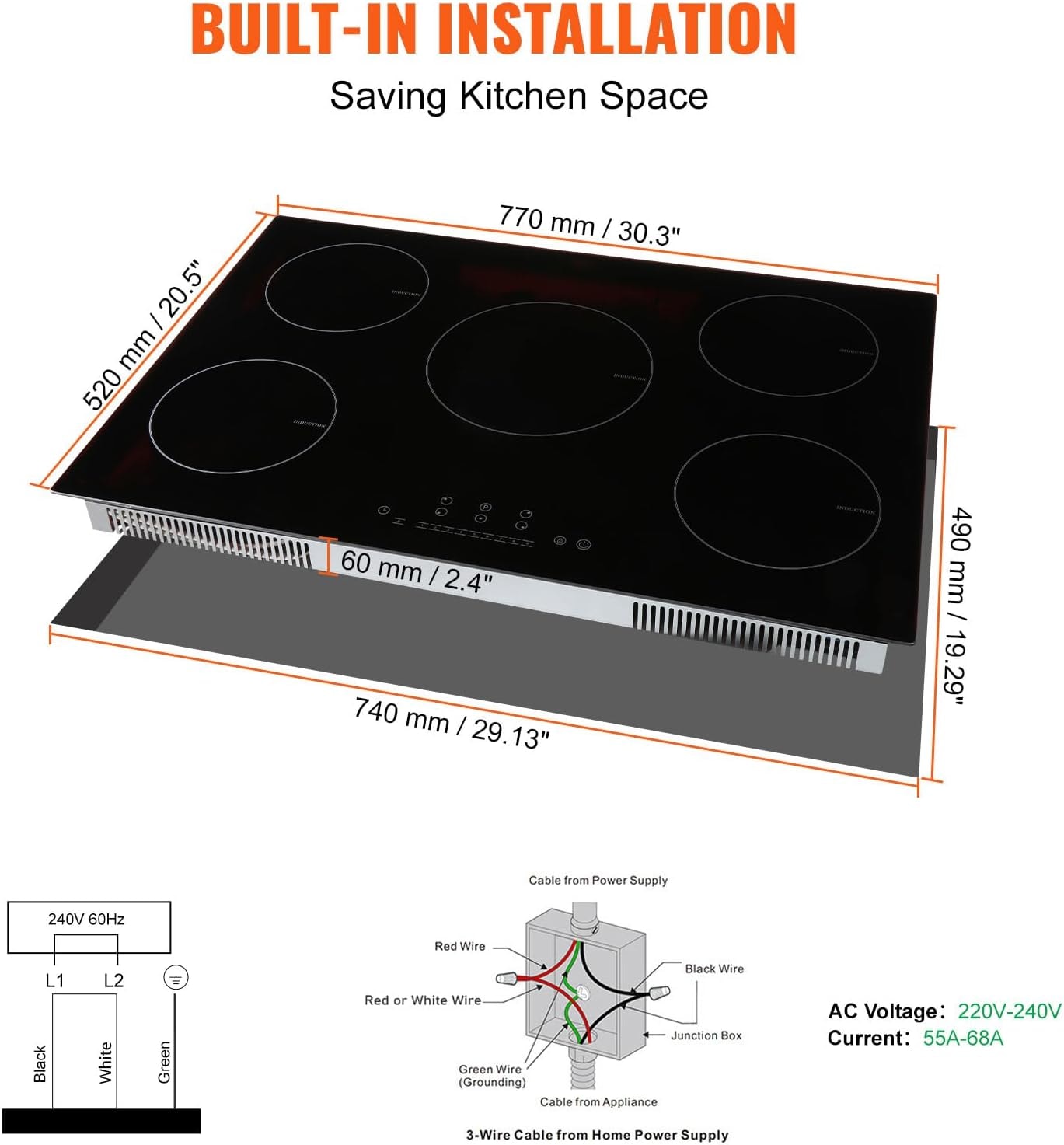 VEVOR 30" Built-in Induction Electric Cooktop – 30in 5 Burners/220V – Timer & Child Lock Included, 9 Power Levels for Simmer Steam Slow Cook Fry – Coo