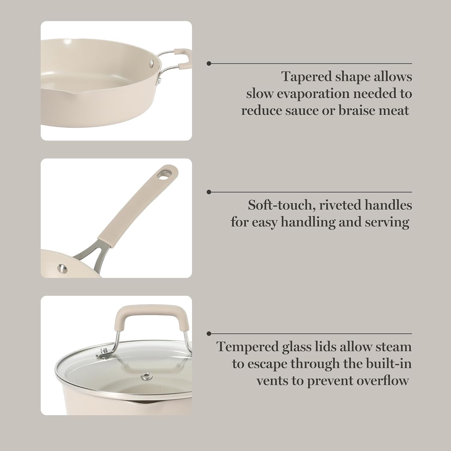 10 Piece Nonstick Aluminum Cookware Set – Taupe – Skillets