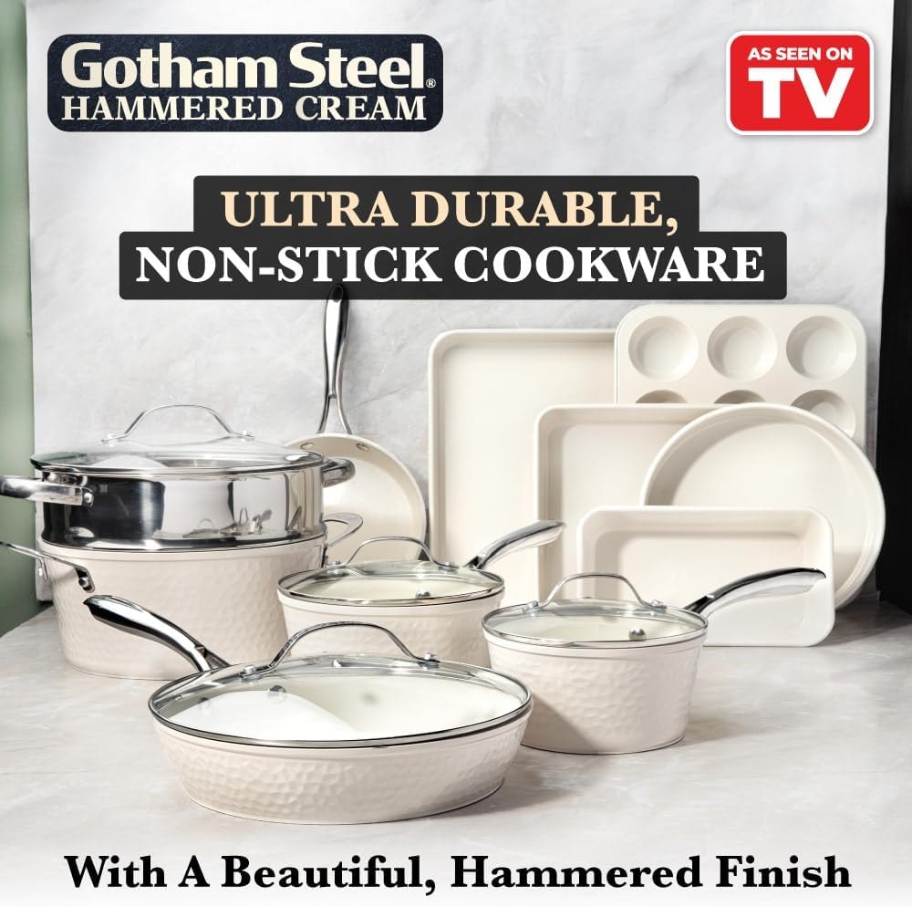 Hammered Copper Non Toxic Nonstick Bakeware Cookware 15 Piece Pots and – Hammered Cream – Cookware Sets