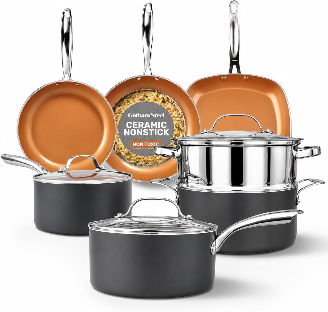 Gotham Steel Hammered Copper Cookware Set – Graphite – Cookware Sets