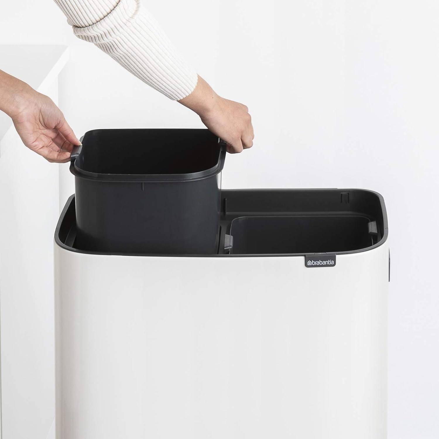 Brabantia Bo Touch Top Hi Dual Compartment Recycling Trash Can – 16 gallons – White – Kitchen Trash Cans