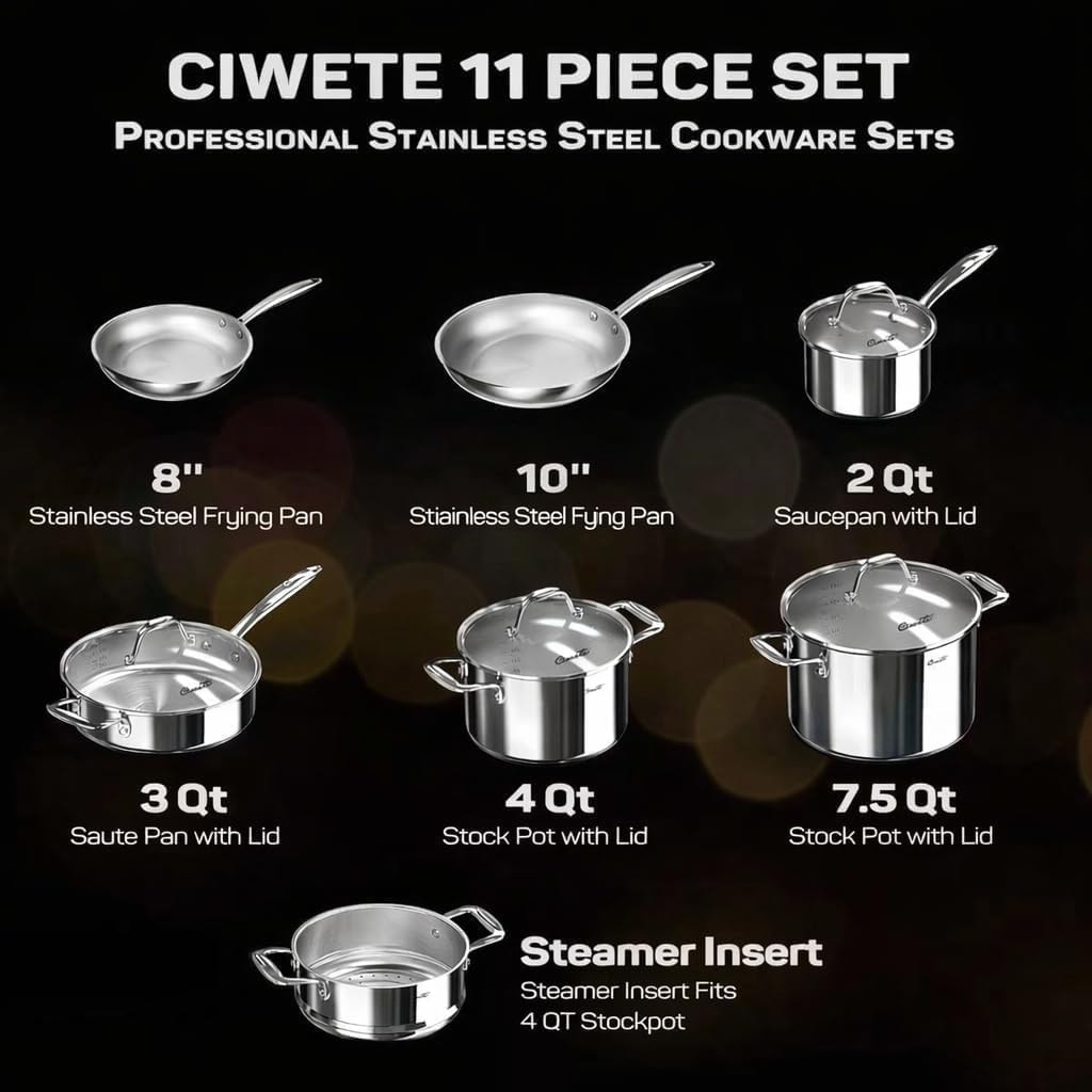 UUDULY 11-Piece Tri-Ply Stainless Steel Induction Cookware Set – Sliver – Cookware Sets