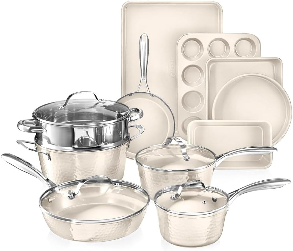 Hammered Copper Non Toxic Nonstick Bakeware Cookware 15 Piece Pots and – Hammered Cream – Cookware Sets