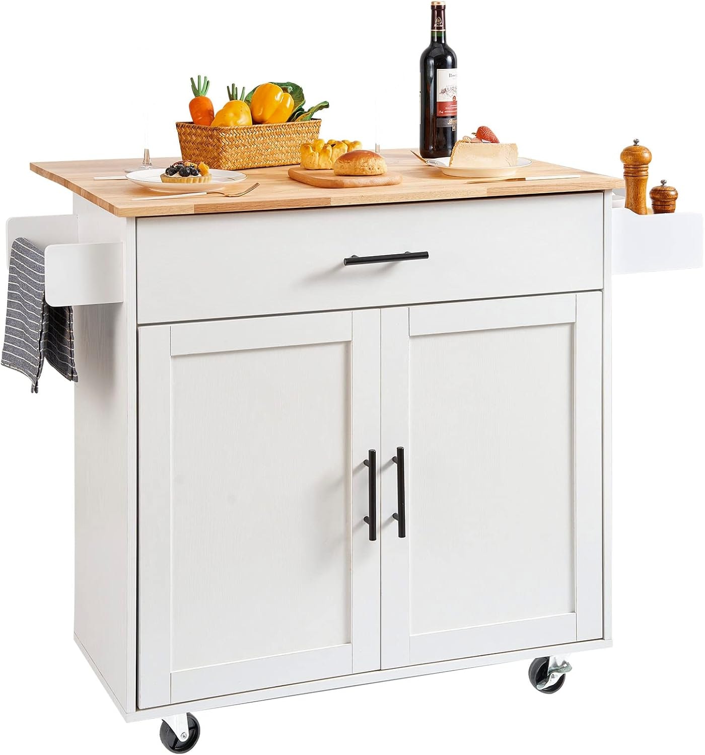 WarmieHomy Kitchen Cart with Solid Wood Top, Locking Wheels Storage Ca – 35.4" W Drop Leaf – White – Mobile Storage Islands