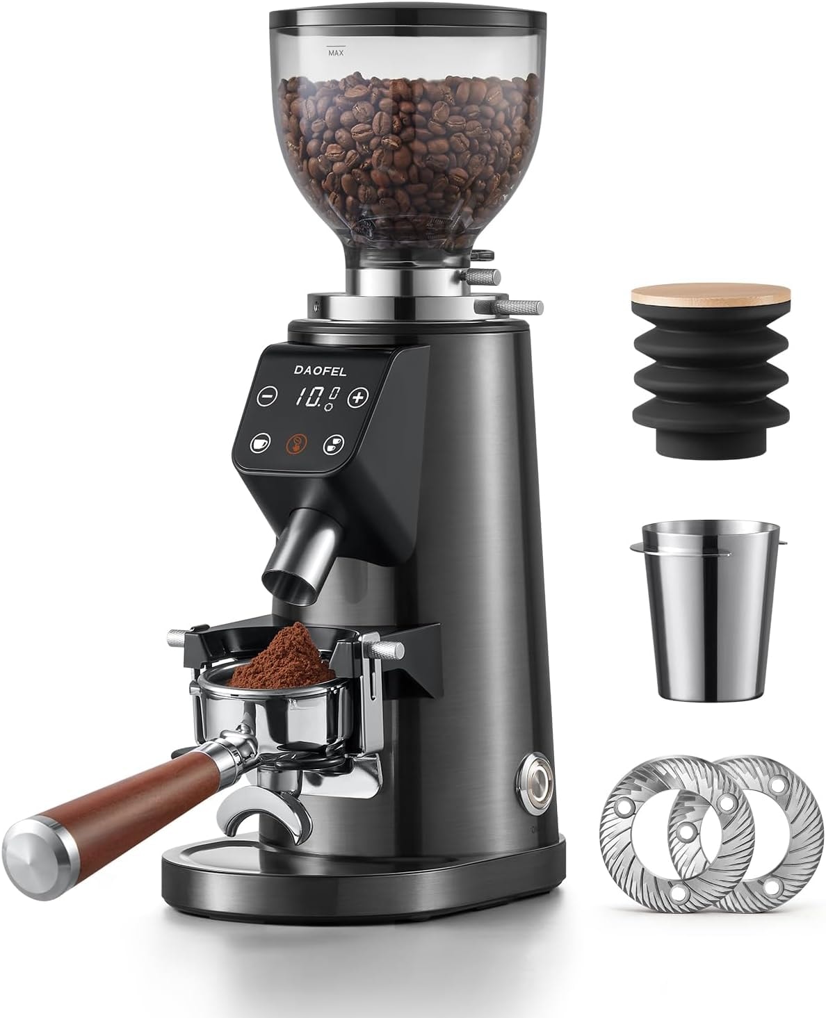 JFVKAF 64mm Flat Burr Coffee Grinder with 100 Adjustable Settings – Gunmetal Gray – Electric Burr Grinders