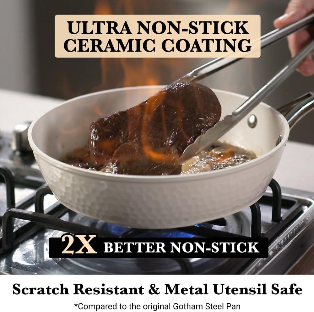 Hammered Copper Non Toxic Nonstick Bakeware Cookware 15 Piece Pots and – Hammered Cream – Cookware Sets