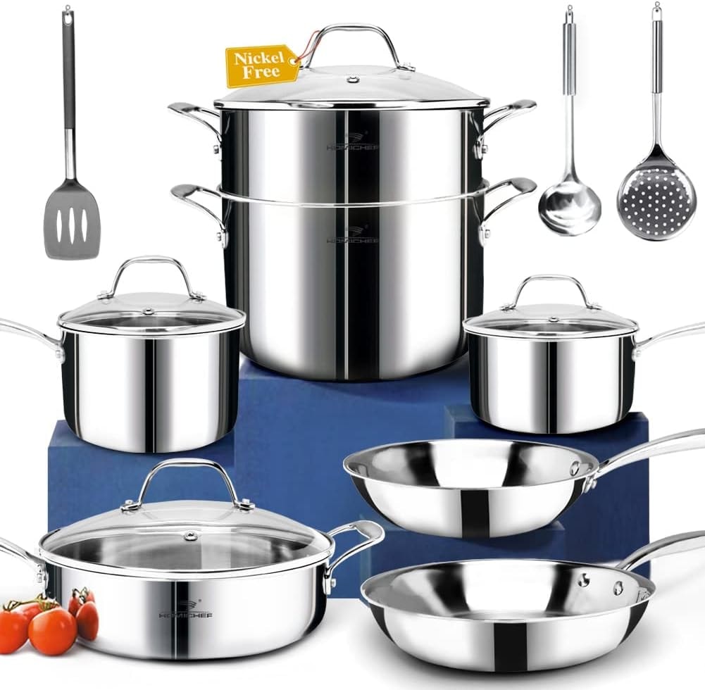 UUDULY 14-Piece Mirror Polished Stainless Steel Cookware Set – Mirror Polished Stainless Steel - 6 Years Warrantv – Cookware Sets