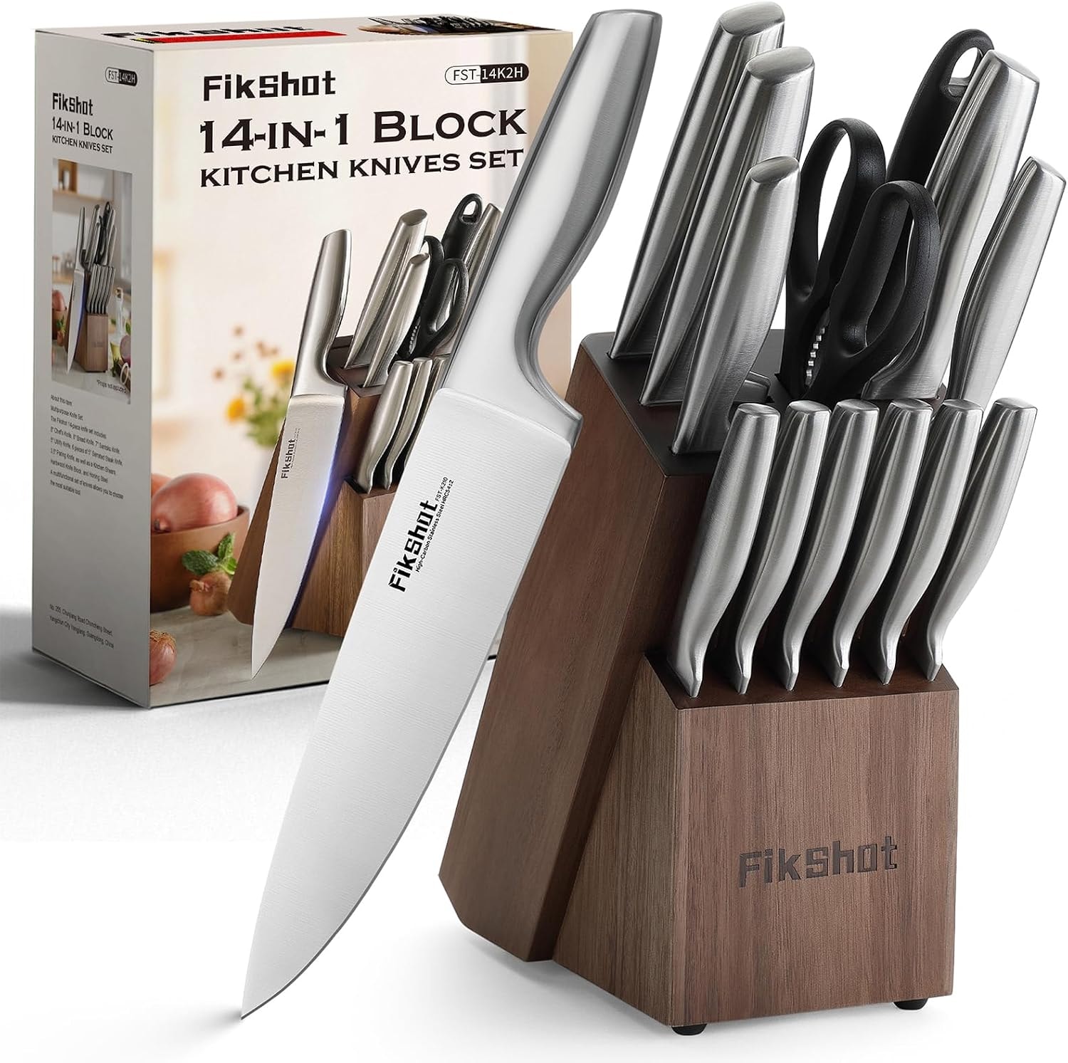 Wudkey 14-Piece Stainless Steel German Knife Set – Silver + Walnut – Knife Block Sets