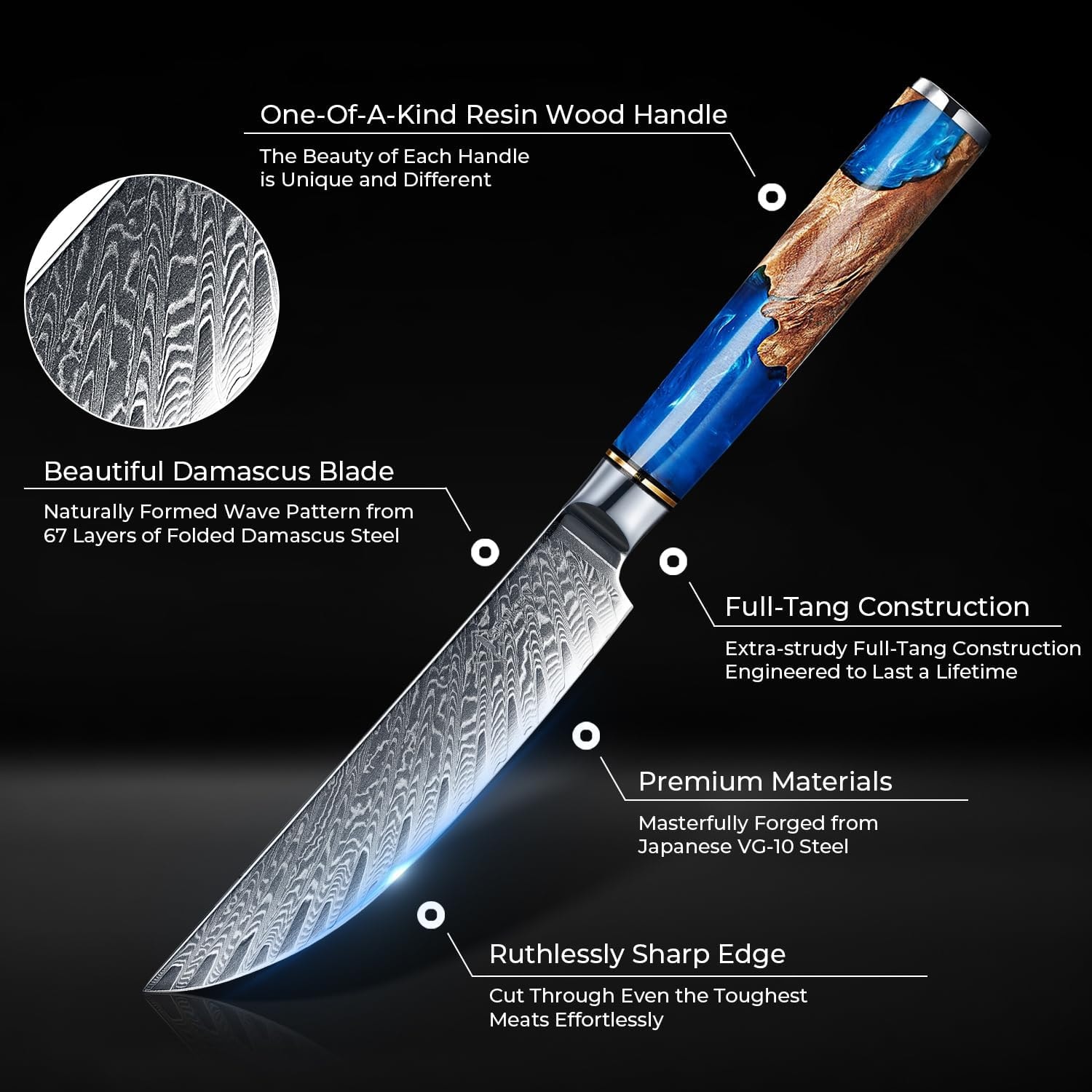 8-Piece Damascus Steak Knife — Twisted Damascus Blades, Green Pakka Wo – Large – Blue – Steak Sets