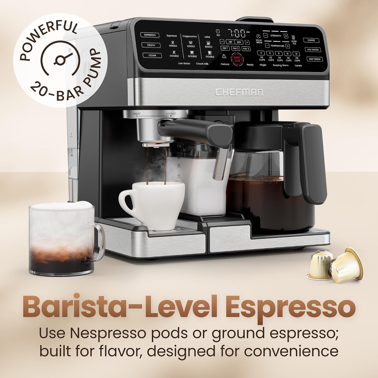 Chefman 8-in-1 Coffee Station, Coffee Maker, Espresso Machine, Combo – 12 cups – Stainless Steel – Semi-Automatic Espresso Machines