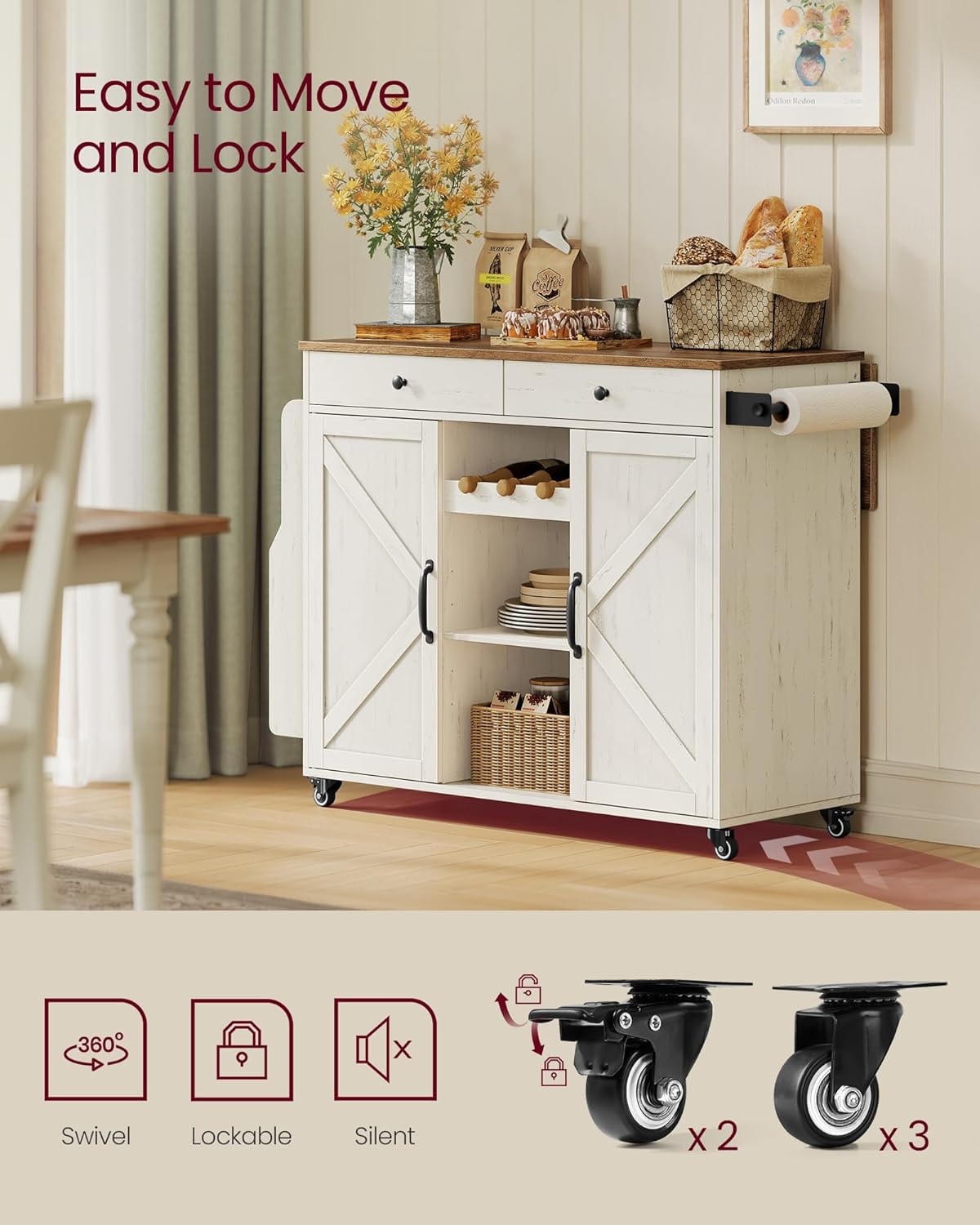 17 Stories Kitchen Island – 28.7"d x 49.3"w x 36"h – Rustic White + Honey Brown – Mobile Storage Islands