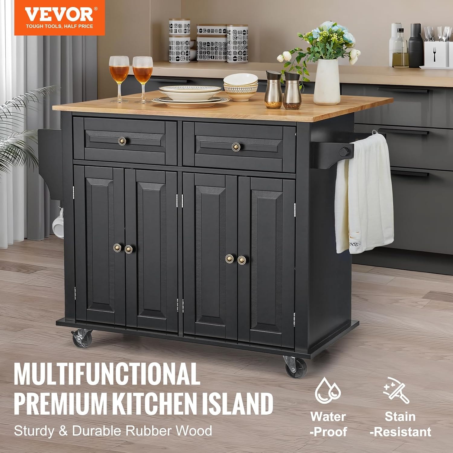 Latitude Kitchen Island Cart – 35.4" W Drop Leaf – Black – Mobile Storage Islands