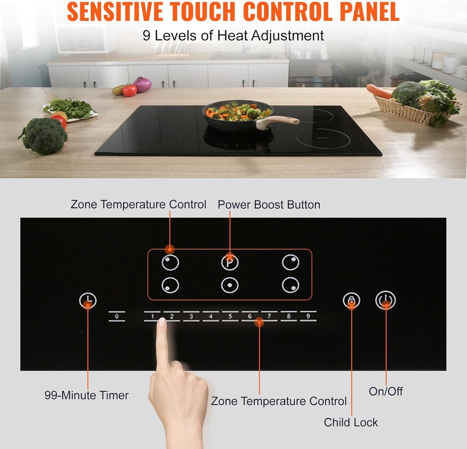 VEVOR 30" Built-in Induction Electric Cooktop – 30in 5 Burners/220V – Timer & Child Lock Included, 9 Power Levels for Simmer Steam Slow Cook Fry – Coo