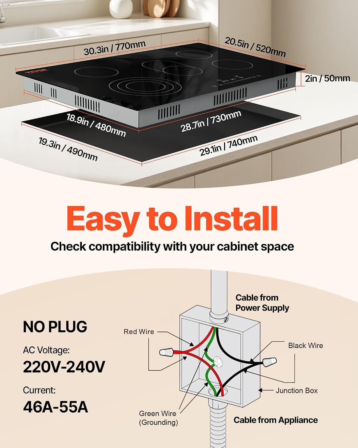 VEVOR 30in 5 Burners Built-in Electric Stove – 30 IN-5 Burner+Touch Control – Black-5 Burner-8600W-220V – Cooktops