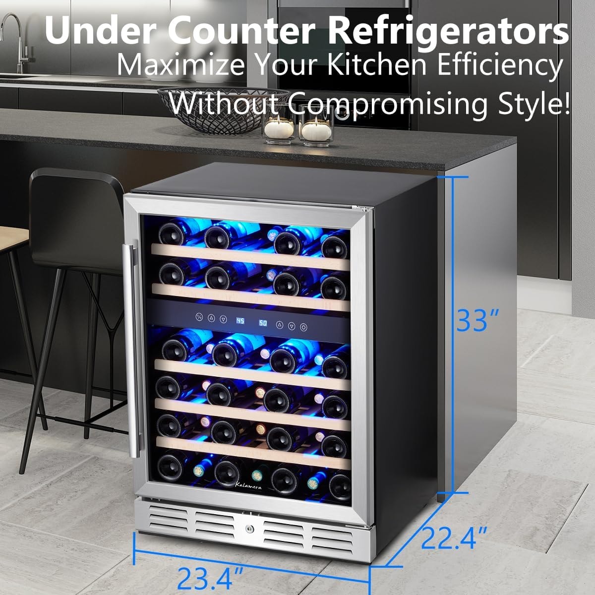 Kalamera Single Zone 24-Bottle Free Standing Compressor Wine Cooler – 5.3 cubic feet – Stainless Steel/Silver – Freestanding Wine Cellars