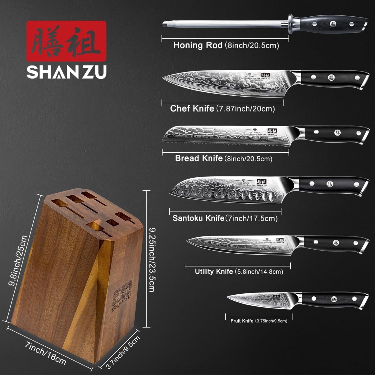SHAN ZU Damascus Kitchen Knife Set with Block – 8" – 7 Pc Knife Set – Knife Block Sets