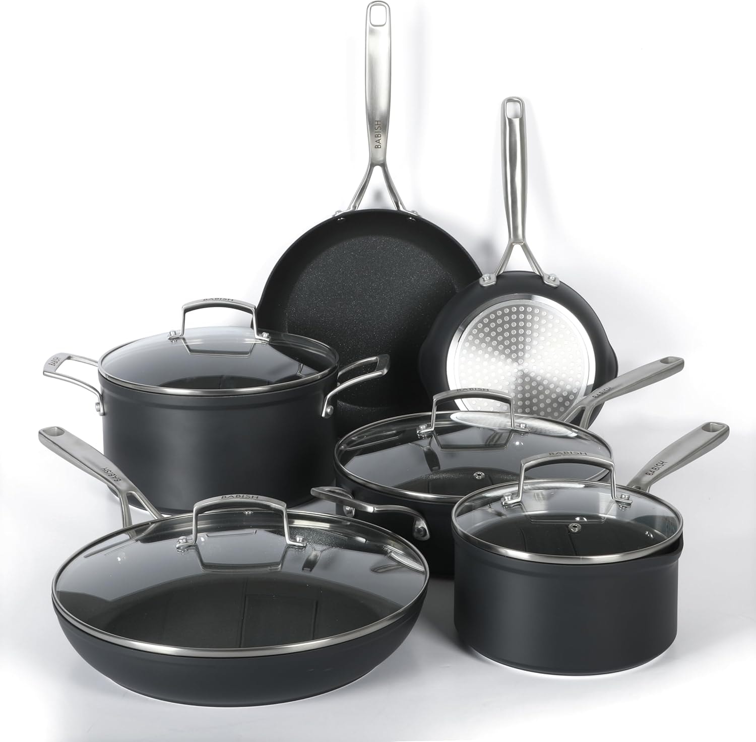 Babish 10 Piece Hard Anodized Titanium Pots and Pans Cookware Set – 6 quarts – Black (10pc Cookware Set) – Cookware Sets
