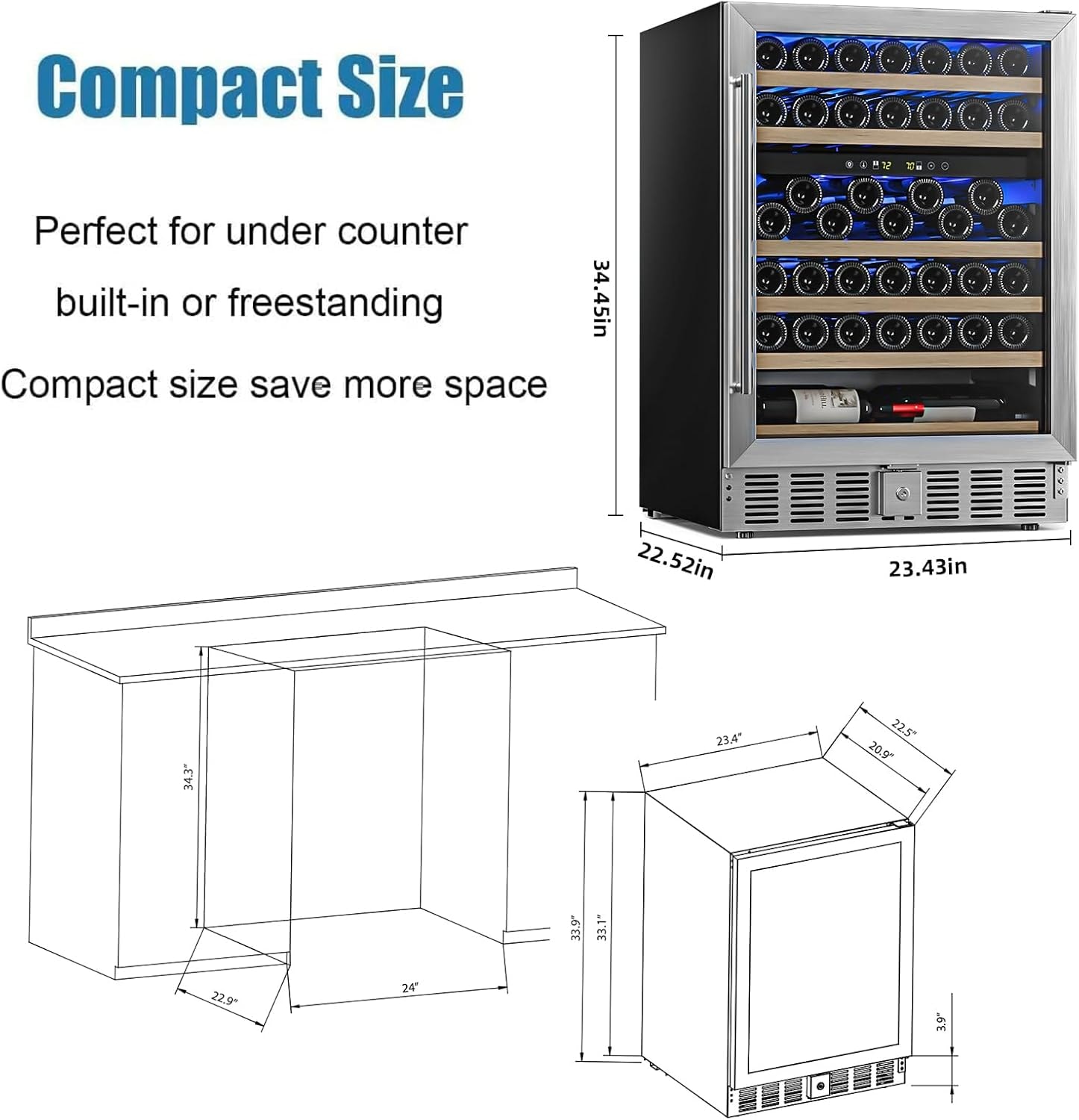 23.4'' 46 Bottle Dual Zone Freestanding/Built-In Wine Fridge & Beverag – 5 cubic feet – Black – Built-In Wine Cellars