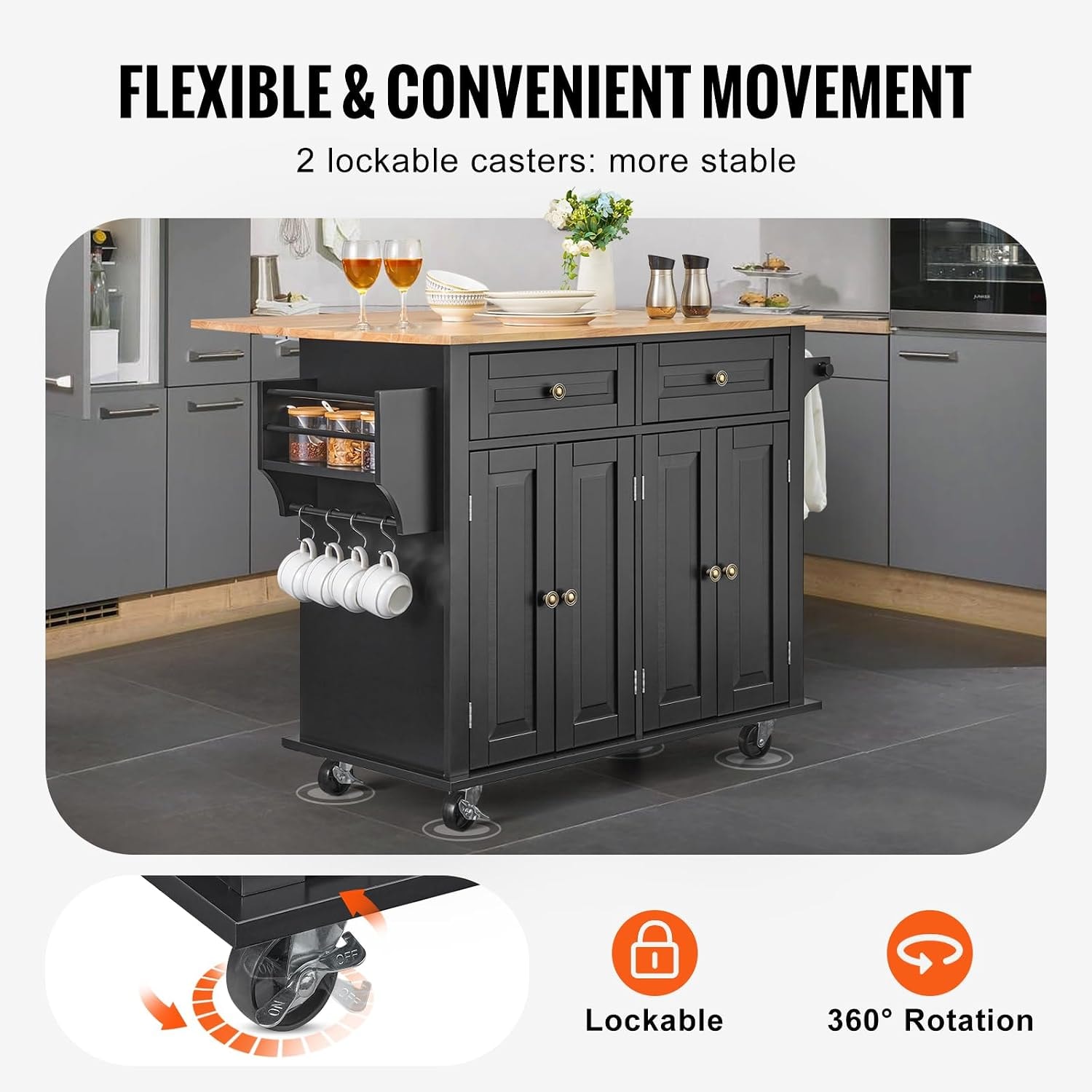Latitude Kitchen Island Cart – 35.4" W Drop Leaf – Black – Mobile Storage Islands