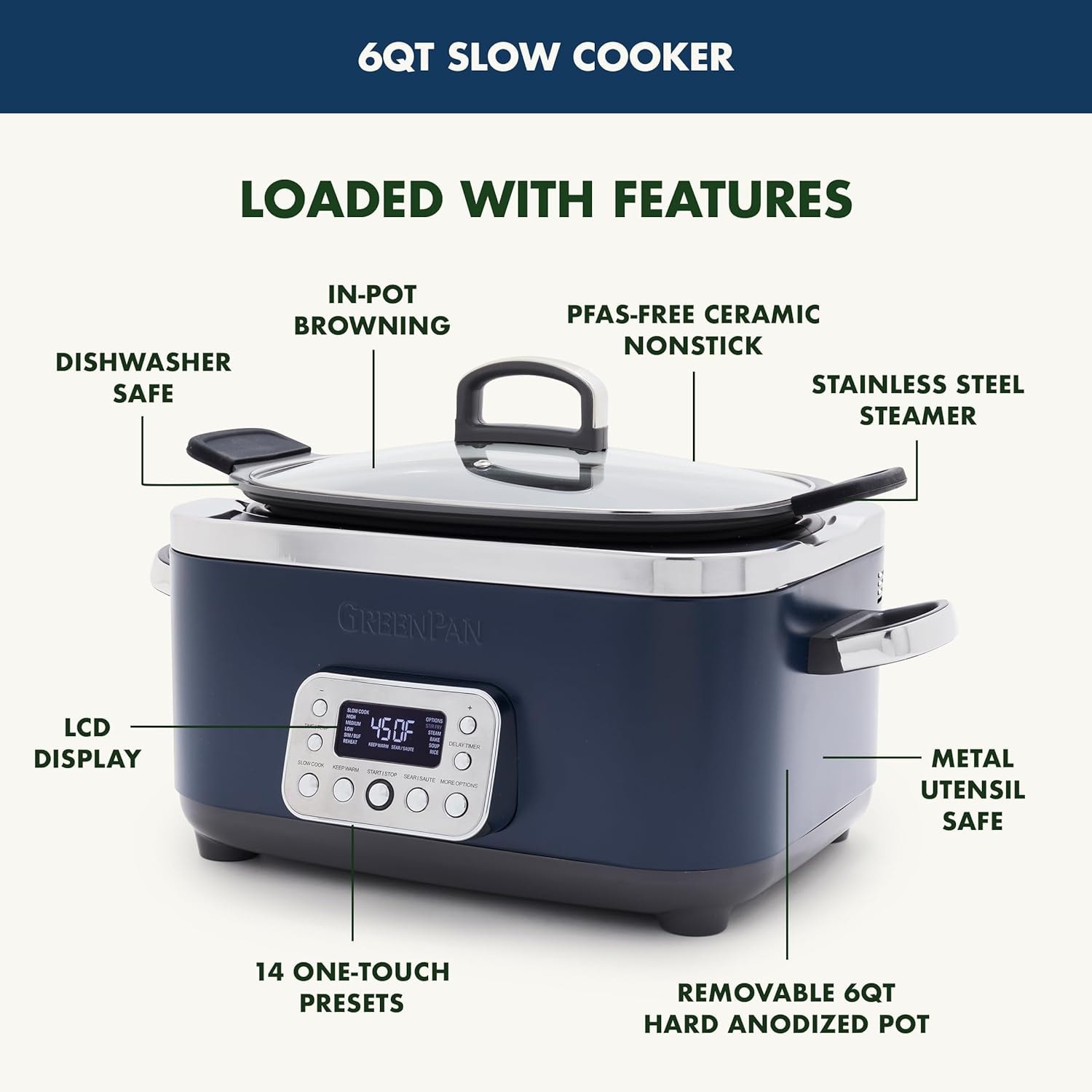 Greenpan Elite 14-in-1 Nonstick 6qt Electric Slow Cooker, Pfas-free – 6 quarts – Oxford Blue – Slow Cookers