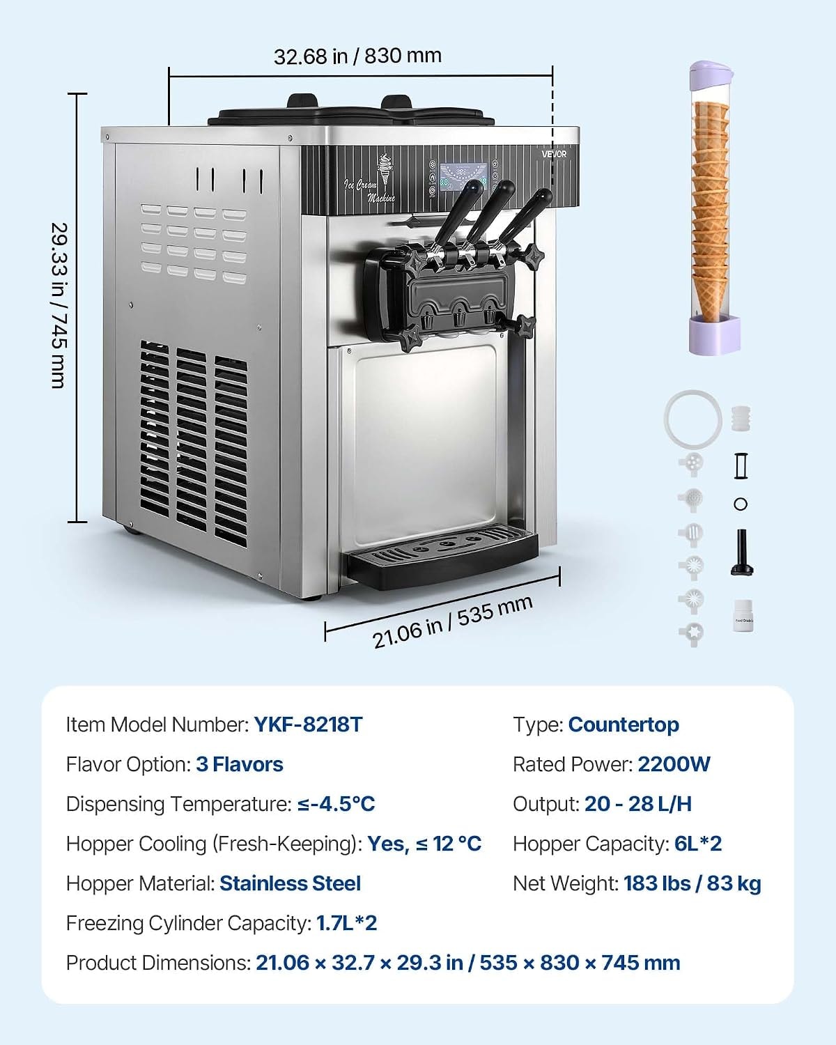 VEVOR 2200W Commercial Soft Ice Cream Machine – 12 liters – Silver – Ice Cream Machines