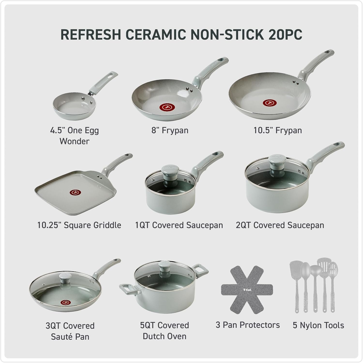 Ceramax 20-Piece Ceramic Nonstick Cookware Set – Moon Grey – Cookware Sets