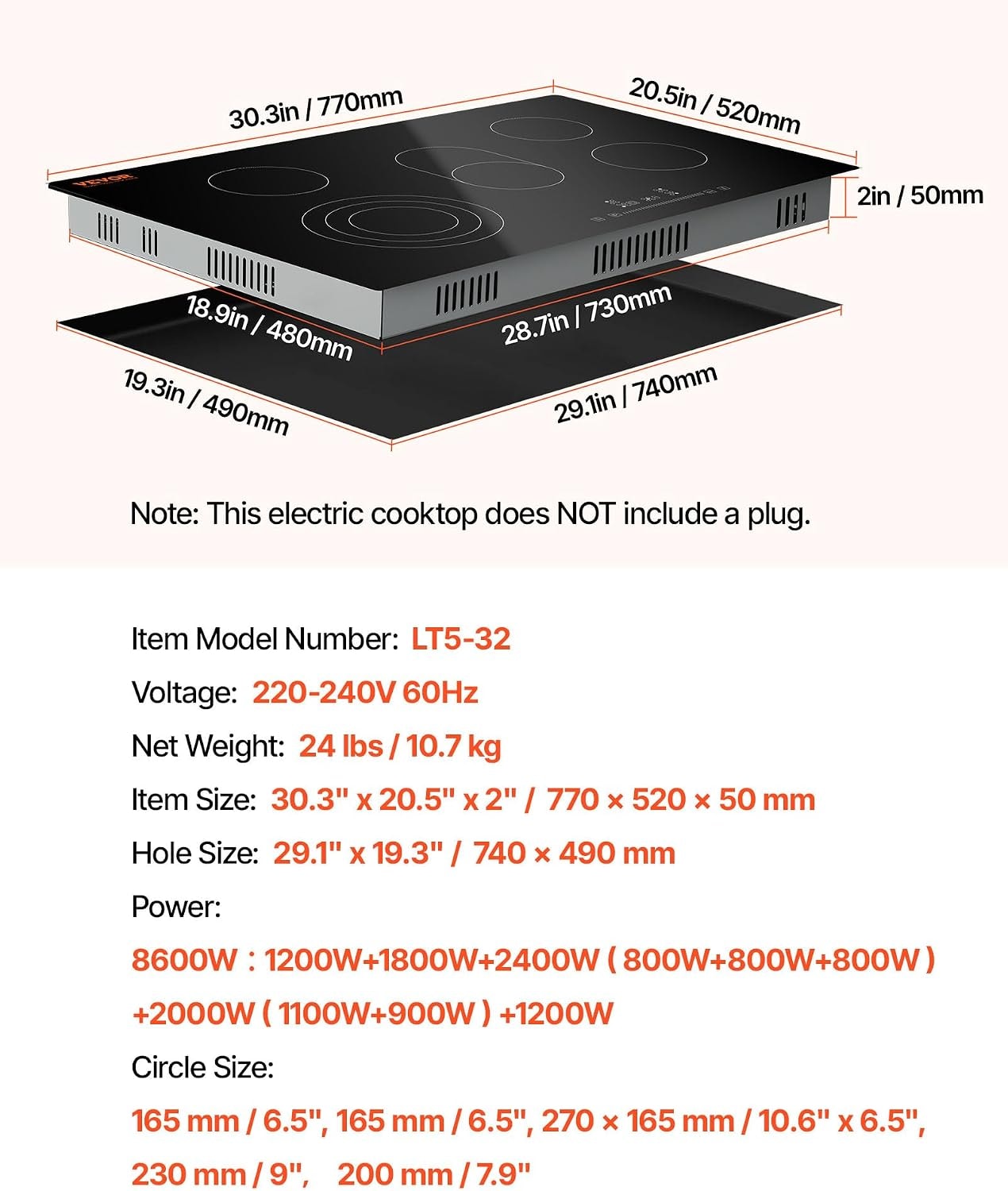 VEVOR 30in 5 Burners Built-in Electric Stove – 30 IN-5 Burner+Touch Control – Black-5 Burner-8600W-220V – Cooktops