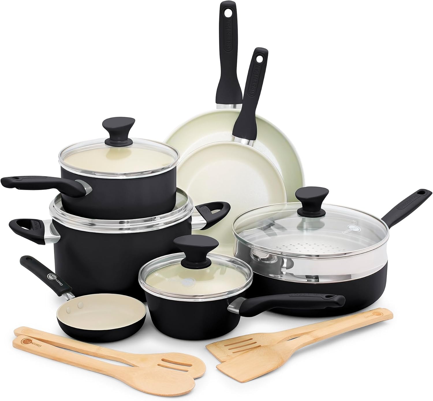 GreenPan Rio 16 Piece Cookware Pots and Pans Set, Hard Anodized Health – 5 quarts – Black – Cookware Sets
