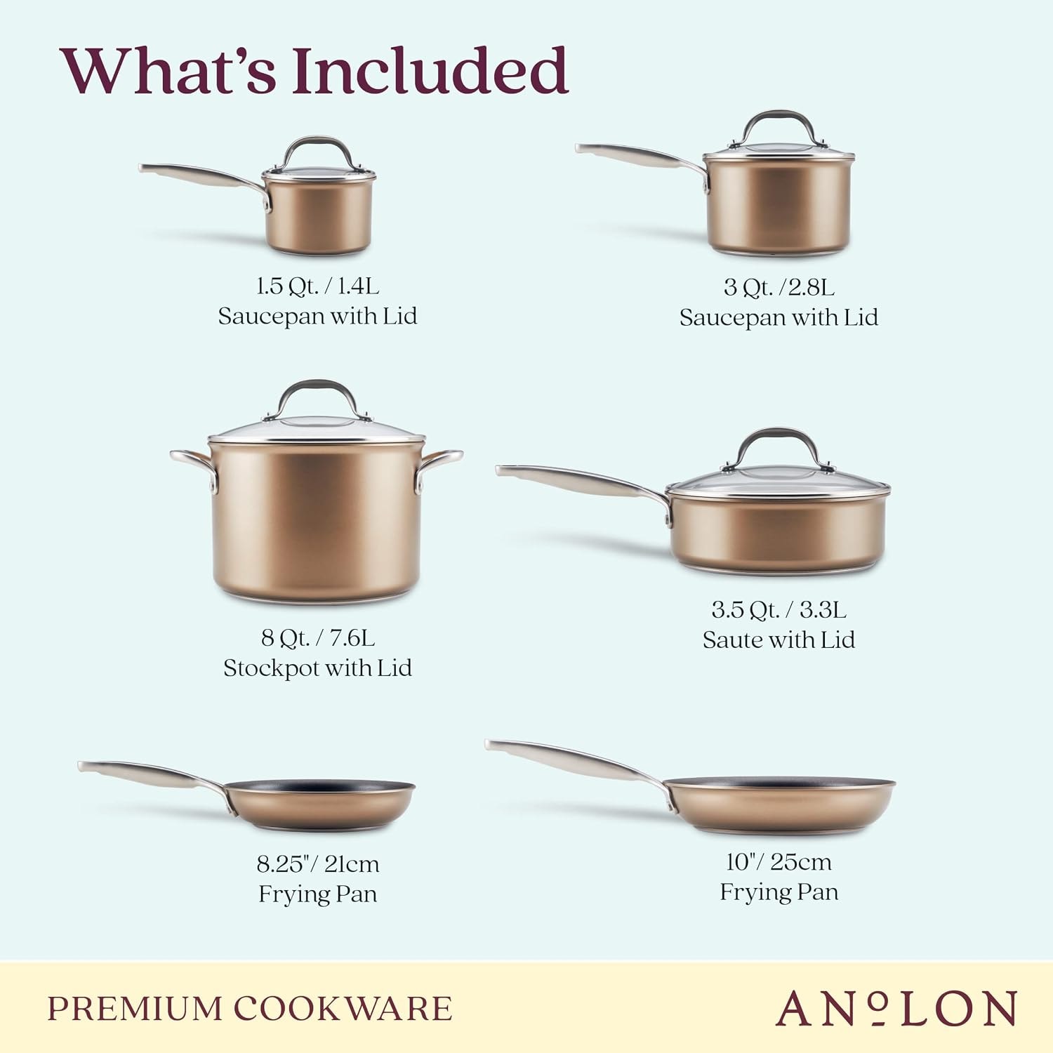 Anolon Ascend 10-Piece Hard Anodized Nonstick Cookware Set – 8 quarts – Bronze – Cookware Sets