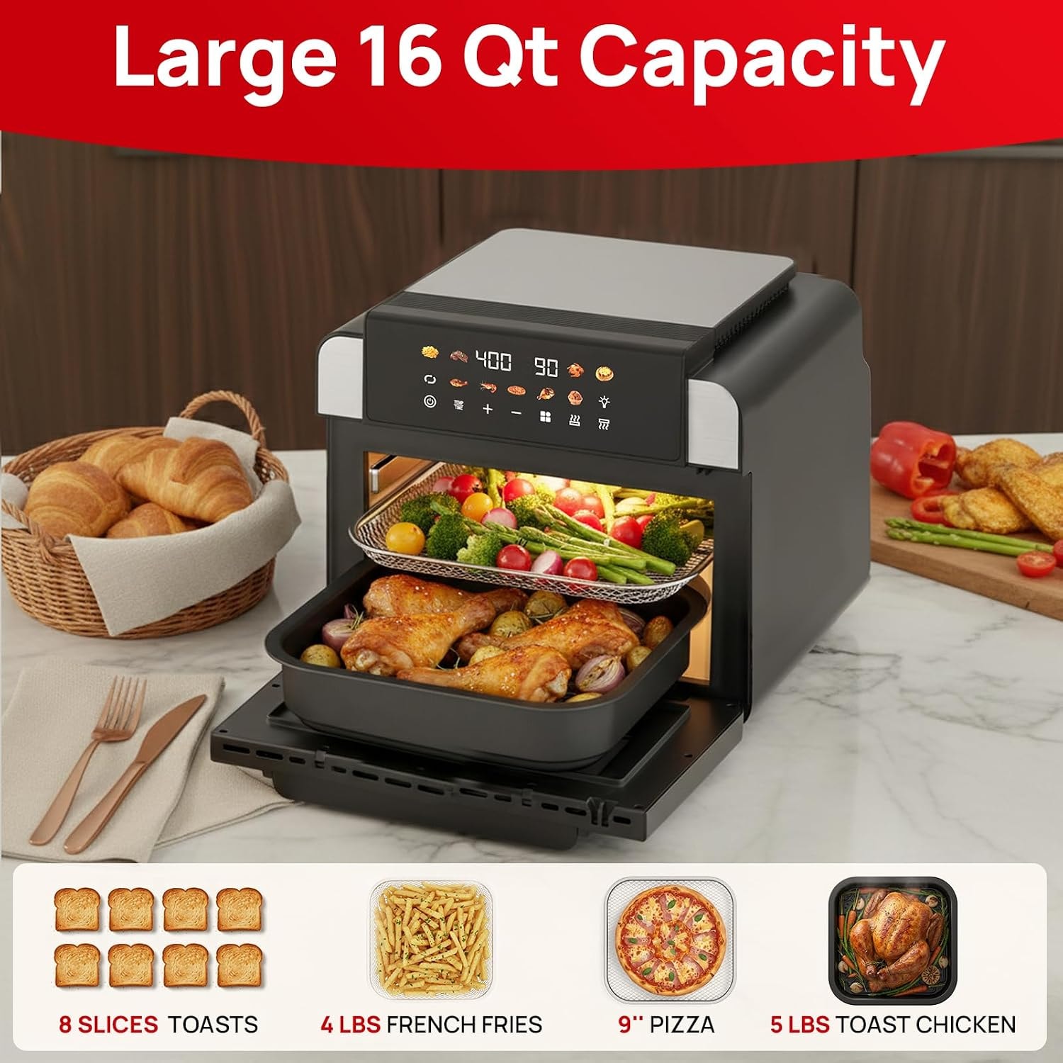 VonShef 18L 1500W Air Fryer Oven – 16 quarts – Black – Toaster Ovens
