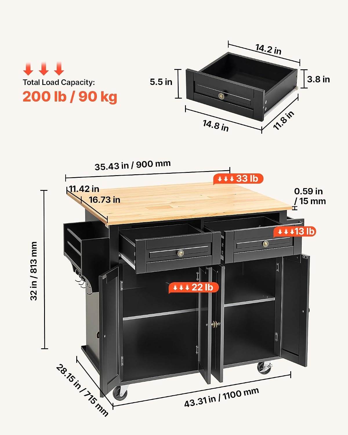 Latitude Kitchen Island Cart – 35.4" W Drop Leaf – Black – Mobile Storage Islands