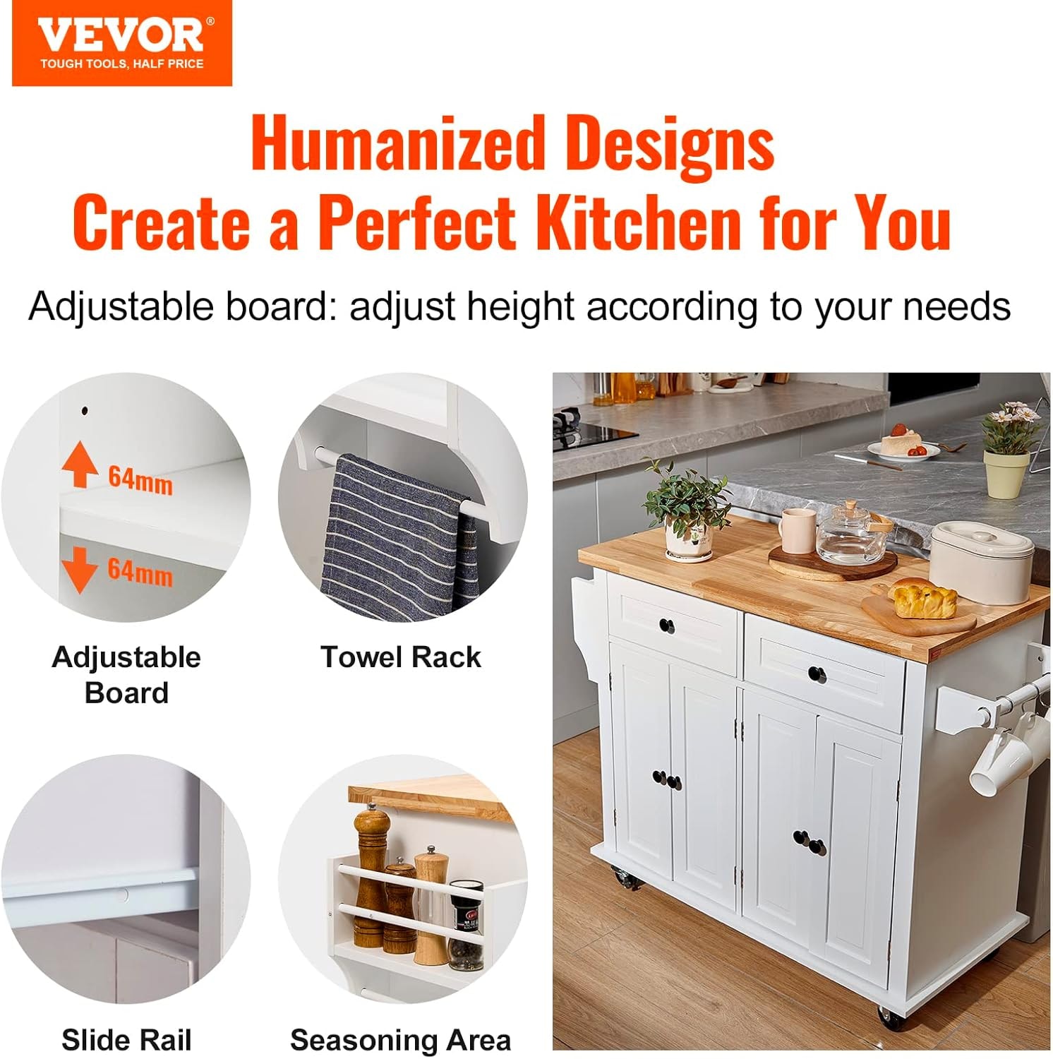 VEVOR - Kitchen Island Cart with Solid Wood Top, 45.3" Width Mobile Ca – 35.4" W – Mobile Storage Islands