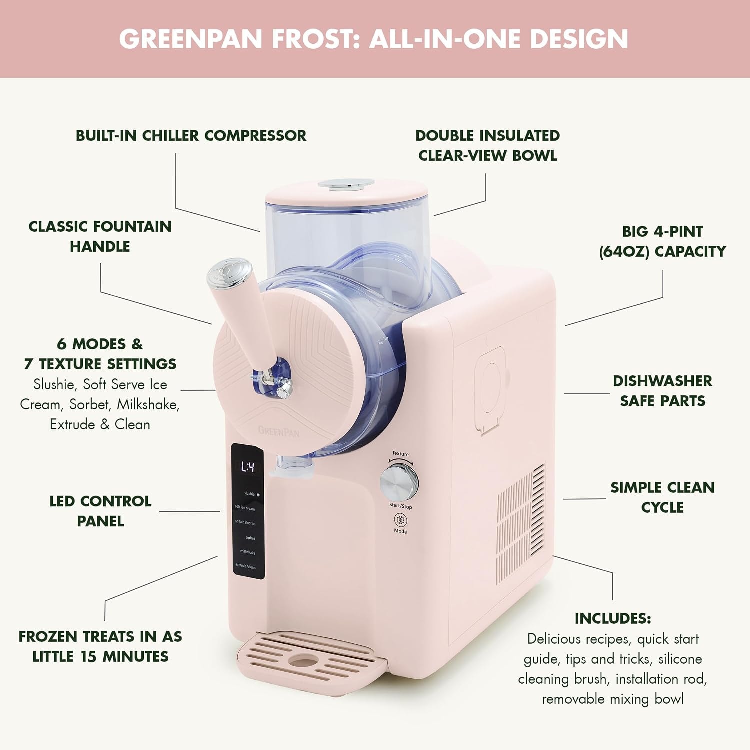 Greenpan Ice Cream Maker Soft Serve No Pre Freezing Pink – 4 pints – Strawberry Pink – Ice Cream Machines